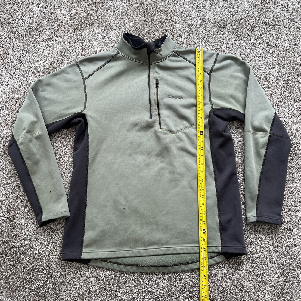 Simms Fishing Mens M Green Sweater Fleece 1/4 Zip Pullover Stained Distressed